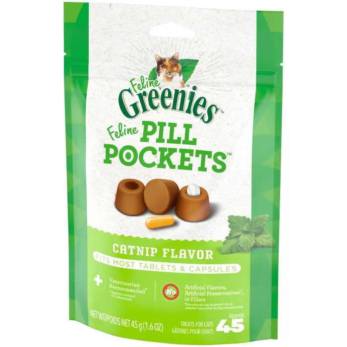 [Greenies][FELINE GREENIES Catnip Flavored Pill Pockets, 45 Count][Image Center Right (3/4 Angle)]