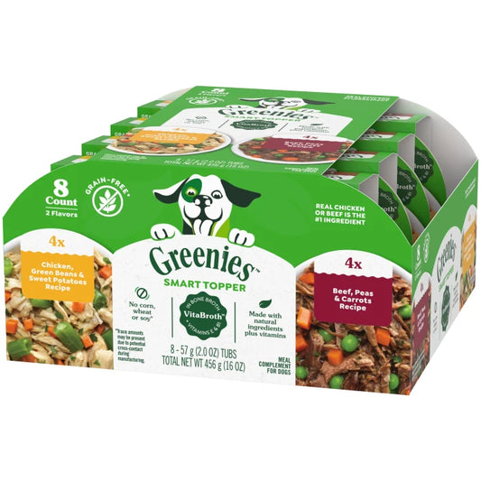 [Greenies][Greenies Smart Topper Wet Mix-In for Dogs, Chicken with Green Beans & Beef Pack, 8 Trays of 2 oz.][Image Center Right (3/4 Angle)]