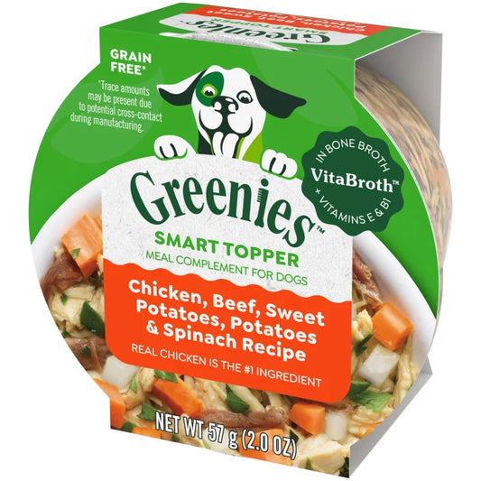 [Greenies][Greenies Smart Topper Wet Mix-In for Dogs, Chicken, Beef, Sweet Potatoes, Potatoes & Spinach Recipe, 2 oz. Tray][Image Center Right (3/4 Angle)]