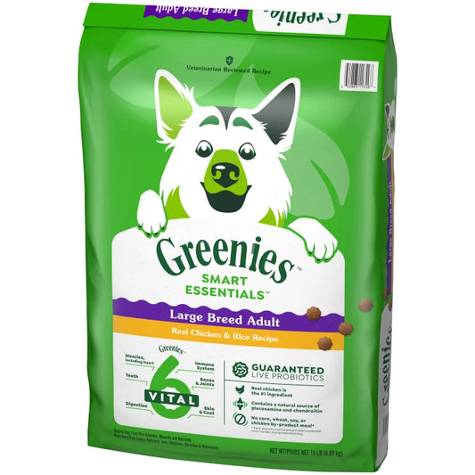[Greenies][Greenies Smart Essentials Adult Large Breed Protein Dry Dog Food Real Chicken & Rice, 15 lb. Bag][Image Center Right (3/4 Angle)]