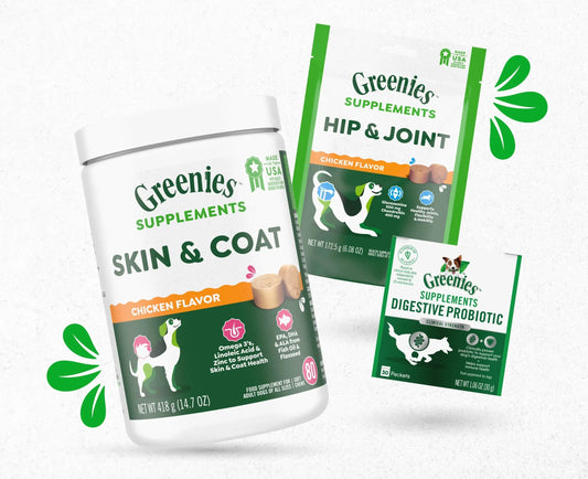 Three products from the greenies supplements line: skin &amp; coat, hip &amp; joint, and digestive probiotic, all in chicken flavor, displayed against a white background with green accents.