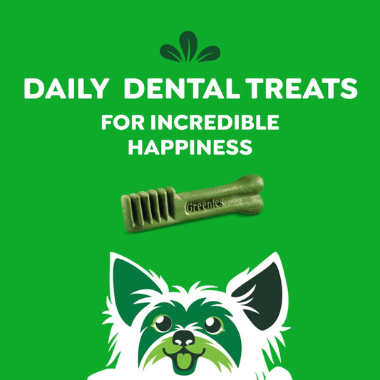 An image featuring the text "daily dental treats for incredible happiness" on a green background, with a greenies dental chew and a cartoon illustration of a white terrier dog below.