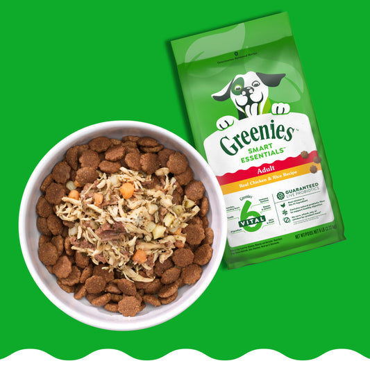Greenies Smart Essentials dry dog food and Greenies Smart Topper wet meal complement