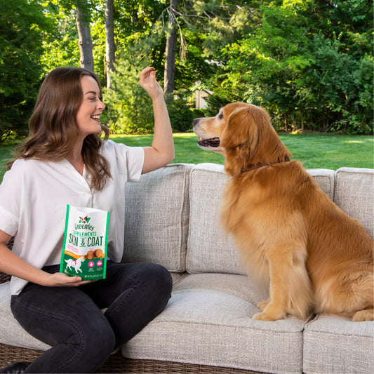woman feeding her dog skin and coat supplements