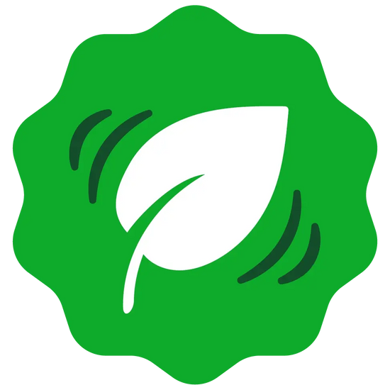 A green logo featuring a stylized white leaf with three curved lines, suggesting movement or sound waves, set against a green starburst background.