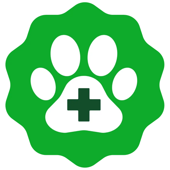 A green veterinary care logo featuring a white paw print with a white medical cross in the center, set against a flower-like green background.