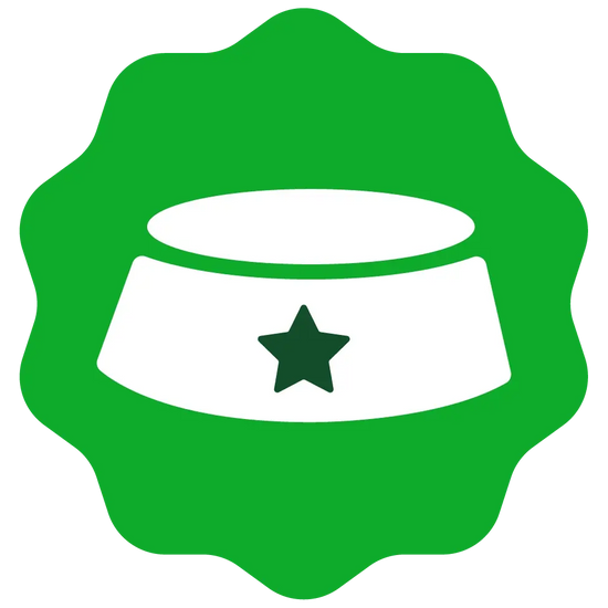 A green badge-shaped logo featuring a stylized white dog collar with a star in the center. the background and star are also in green, creating a monochrome effect.