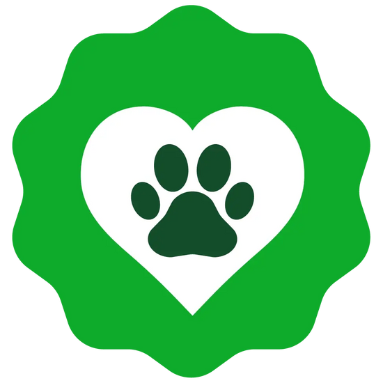 A green badge-shaped logo with a white heart in the center, containing a black paw print. the background is transparent.