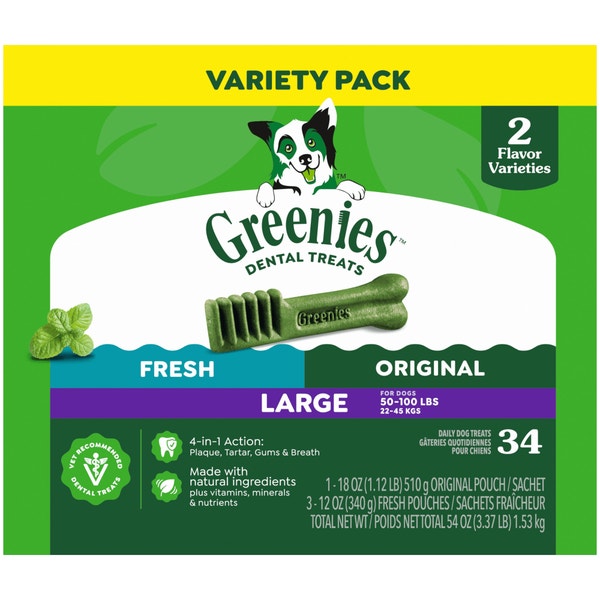 Greenies Adult Dental Dog Treats Large Size, 2 Flavors, 54 oz Variety Pack, 34 Ct asset 1