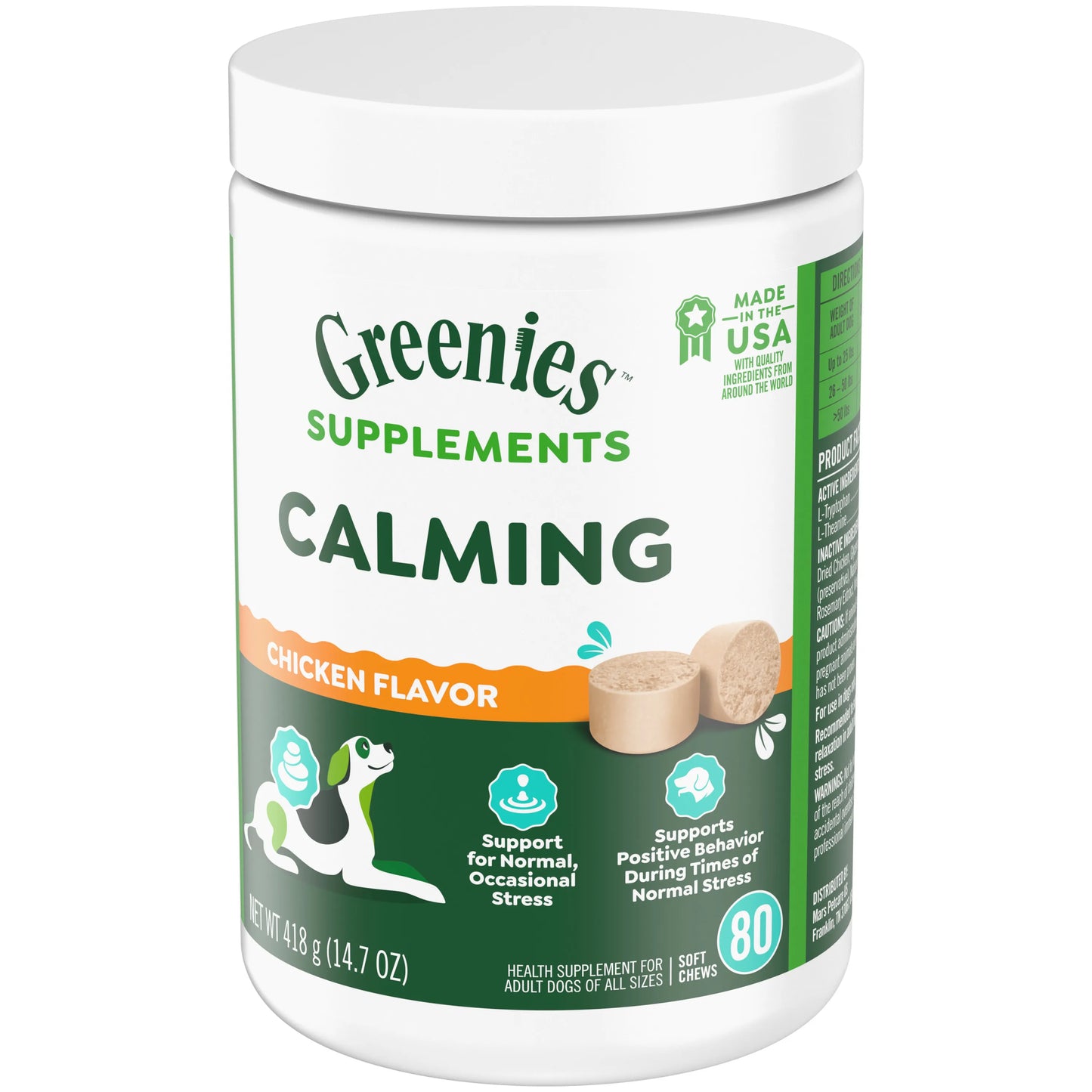 [Greenies][Greenies Calming Supplements, 80 Count][Image Center Right (3/4 Angle)]