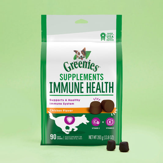 Greenies immune health supplements on a green background