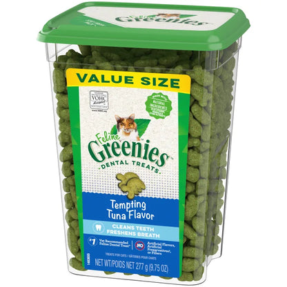 [Greenies][FELINE GREENIES Tempting Tuna Flavored Dental Treats, Value Size][Image Center Right (3/4 Angle)]