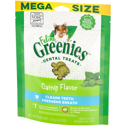 [Greenies][FELINE GREENIES Catnip Flavored Dental Treats, Mega Size][Image Center Right (3/4 Angle)]