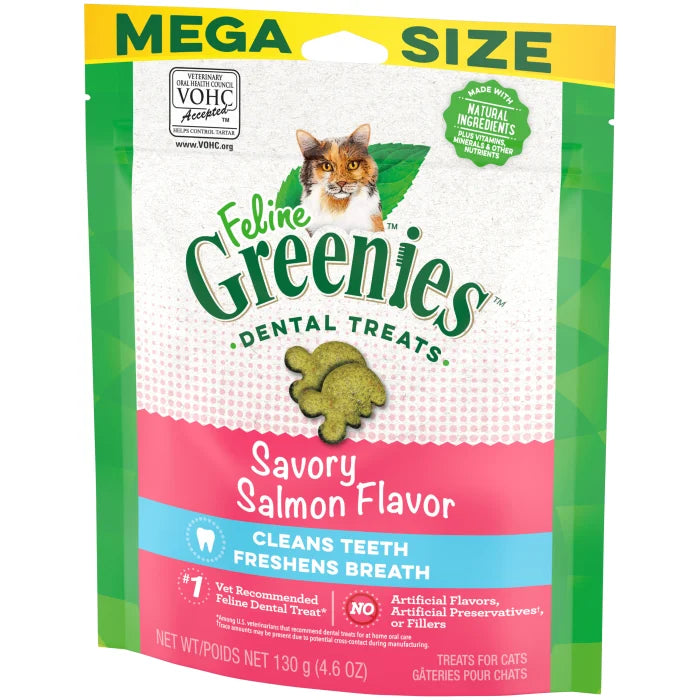 [Greenies][FELINE GREENIES Savory Salmon Flavored Dental Treats, Mega Size][Image Center Right (3/4 Angle)]