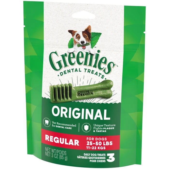 [Greenies][GREENIES Original Regular Dental Treats, 3 Count Sample Pack][Image Center Right (3/4 Angle)]