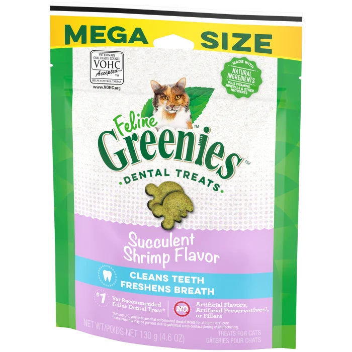 [Greenies][FELINE GREENIES Succulent Shrimp Flavored Dental Treats, Mega Size][Image Center Right (3/4 Angle)]