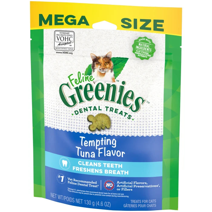 [Greenies][FELINE GREENIES Tempting Tuna Flavored Dental Treats, Mega Size][Image Center Right (3/4 Angle)]