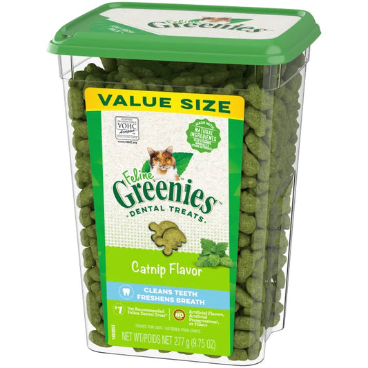 [Greenies][FELINE GREENIES Catnip Flavored Dental Treats, Value Size][Image Center Right (3/4 Angle)]
