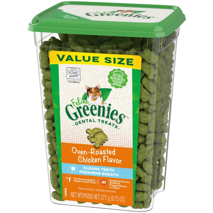 [Greenies][FELINE GREENIES Oven Roasted Chicken Flavored Dental Treats, Value Size][Image Center Right (3/4 Angle)]