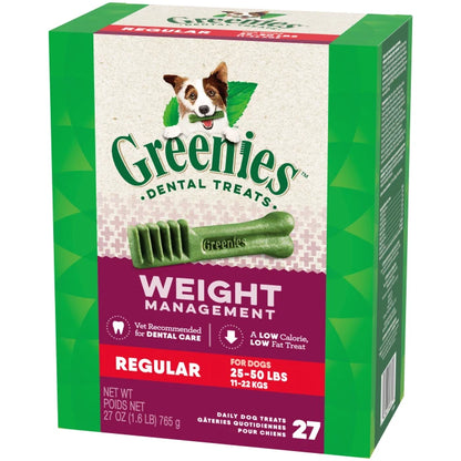 [Greenies][GREENIES Weight Management Regular Dental Treats, 27 Count][Image Center Right (3/4 Angle)]