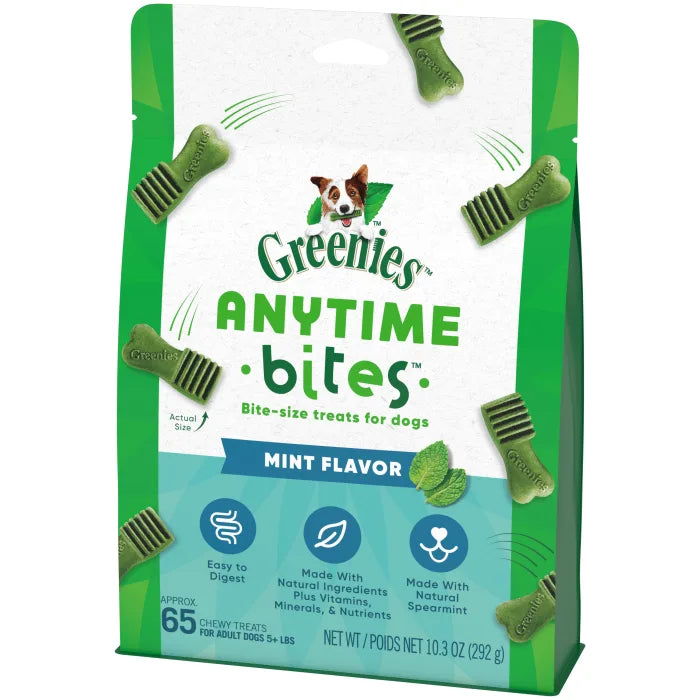 [Greenies][GREENIES Mint Flavored Anytime Bites][Image Center Right (3/4 Angle)]