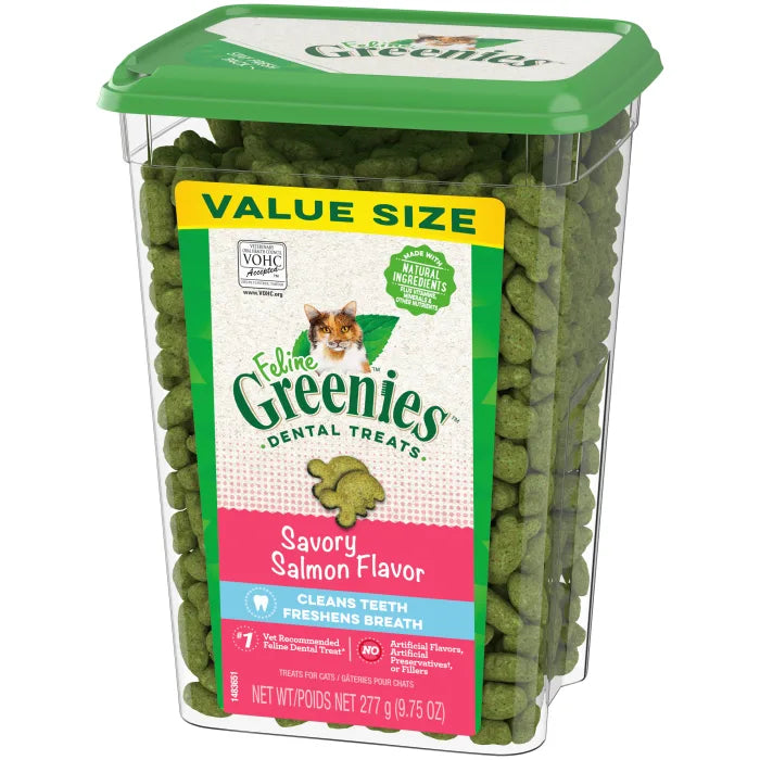[Greenies][FELINE GREENIES Savory Salmon Flavored Dental Treats, Value Size][Image Center Right (3/4 Angle)]