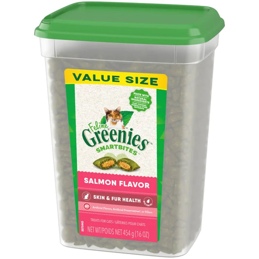 [Greenies][FELINE GREENIES Salmon Flavored Skin & Fur SMARTBITES][Image Center Right (3/4 Angle)]
