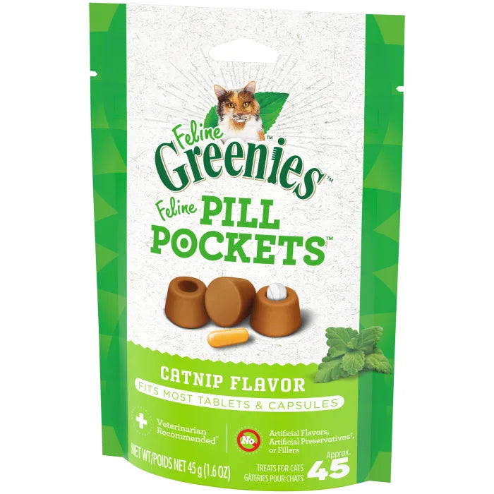 [Greenies][FELINE GREENIES Catnip Flavored Pill Pockets, 45 Count][Image Center Right (3/4 Angle)]