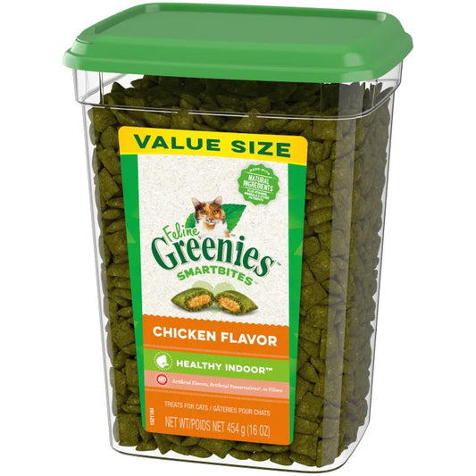 [Greenies][FELINE GREENIES Chicken Flavored Healthy Indoor SMARTBITES][Image Center Right (3/4 Angle)]