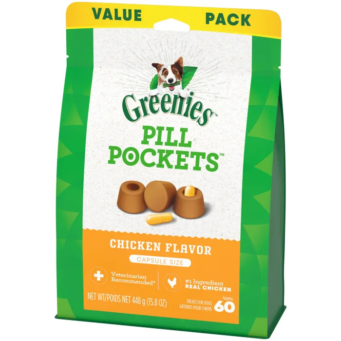 [Greenies][GREENIES Chicken Flavored Capsule Pill Pockets, 60 Count][Image Center Right (3/4 Angle)]