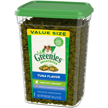 [Greenies][FELINE GREENIES Tuna Flavored Healthy Indoor SMARTBITES][Image Center Right (3/4 Angle)]
