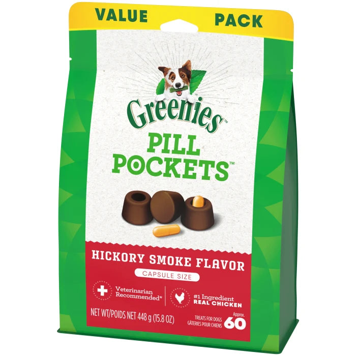 [Greenies][GREENIES Hickory Smoke Flavored Capsule Pill Pockets, 60 Count][Image Center Right (3/4 Angle)]