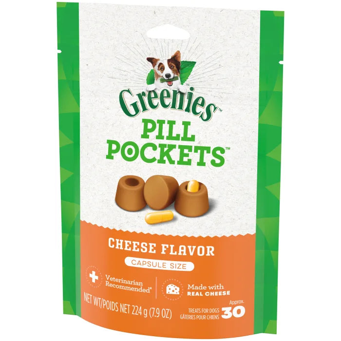 [Greenies][GREENIES Cheese Flavored Capsule Pill Pockets, 30 Count][Image Center Right (3/4 Angle)]