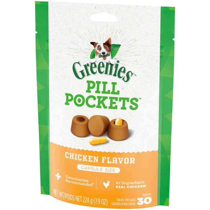 [Greenies][GREENIES Chicken Flavored Capsule Pill Pockets, 30 Count][Image Center Right (3/4 Angle)]