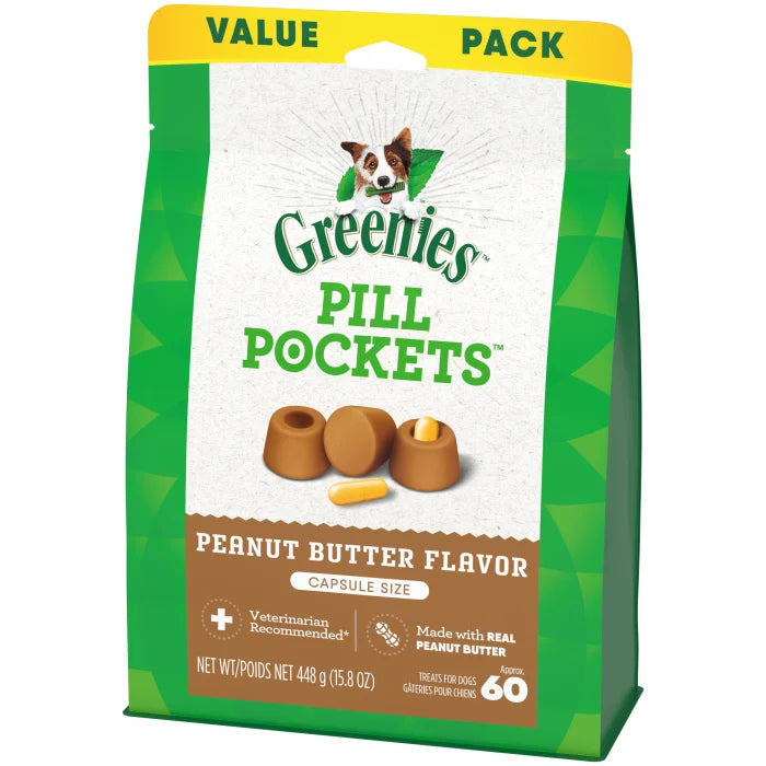 [Greenies][GREENIES Peanut Butter Flavored Capsule Pill Pockets, 60 Count][Image Center Right (3/4 Angle)]
