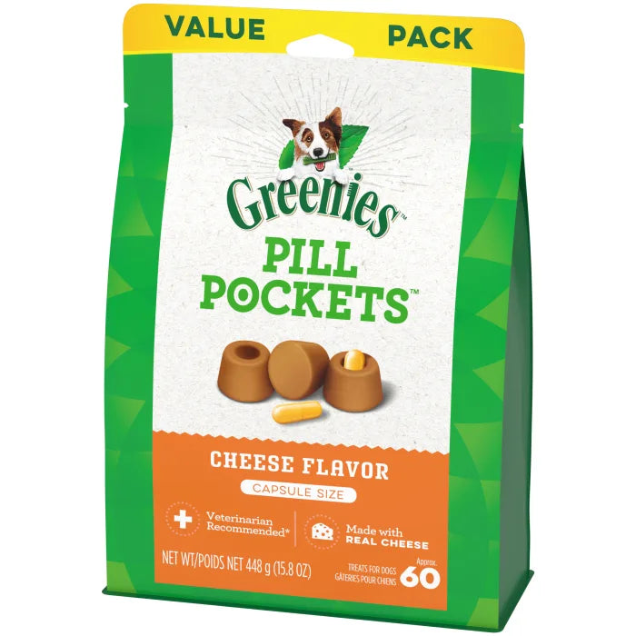 [Greenies][GREENIES Cheese Flavored Capsule Pill Pockets, 60 Count][Image Center Right (3/4 Angle)]