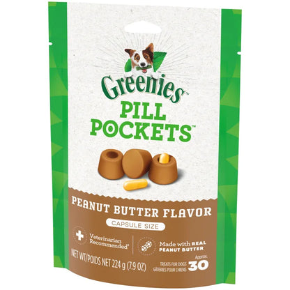[Greenies][GREENIES Peanut Butter Flavored Capsule Pill Pockets, 30 Count][Image Center Right (3/4 Angle)]
