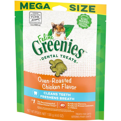[Greenies][FELINE GREENIES Oven Roasted Chicken Flavored Dental Treats, Mega Size][Image Center Right (3/4 Angle)]