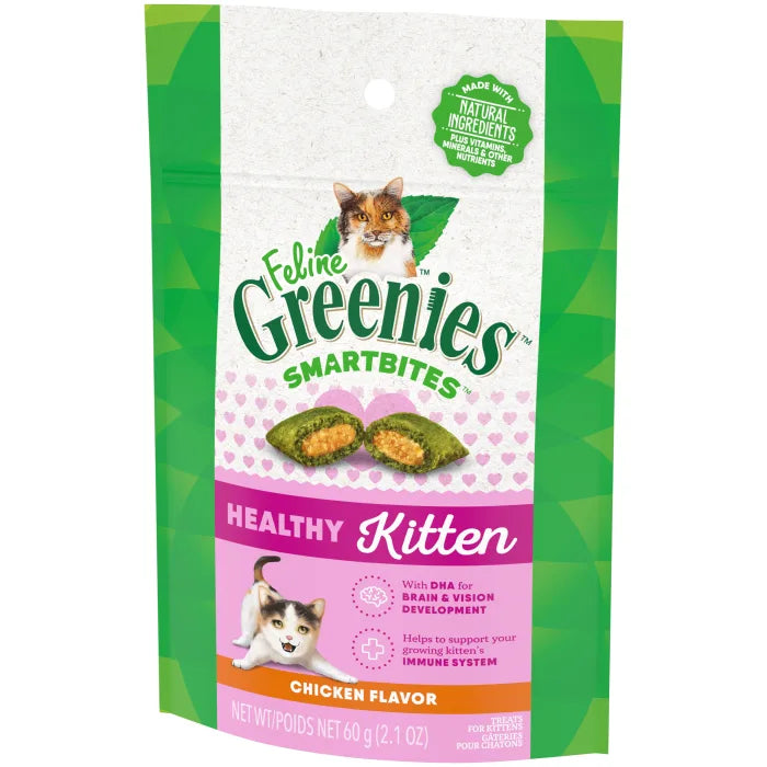 [Greenies][FELINE GREENIES Chicken Flavored Healthy Kitten SMARTBITES][Image Center Right (3/4 Angle)]