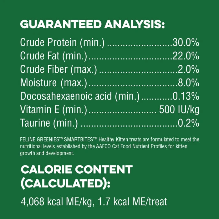 [Greenies][FELINE GREENIES Chicken Flavored Healthy Kitten SMARTBITES][Nutrition Grid/Guaranteed Analysis Image]