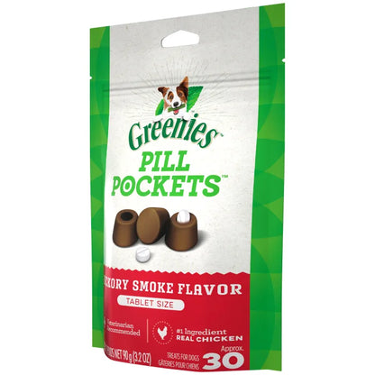 [Greenies][GREENIES Hickory Smoke Flavored Tablet Pill Pockets, 30 Count][Image Center Right (3/4 Angle)]