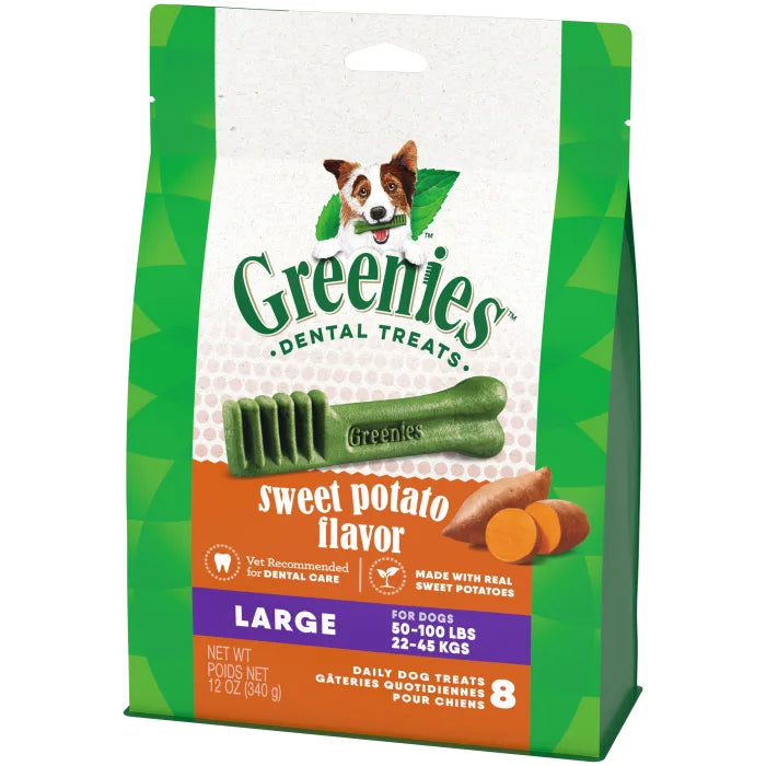 [Greenies][GREENIES Sweet Potato Flavored Large Dental Treats, 8 Count][Image Center Right (3/4 Angle)]
