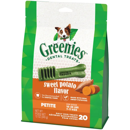 [Greenies][GREENIES Sweet Potato Flavored Petite Dental Treats, 20 Count][Image Center Right (3/4 Angle)]