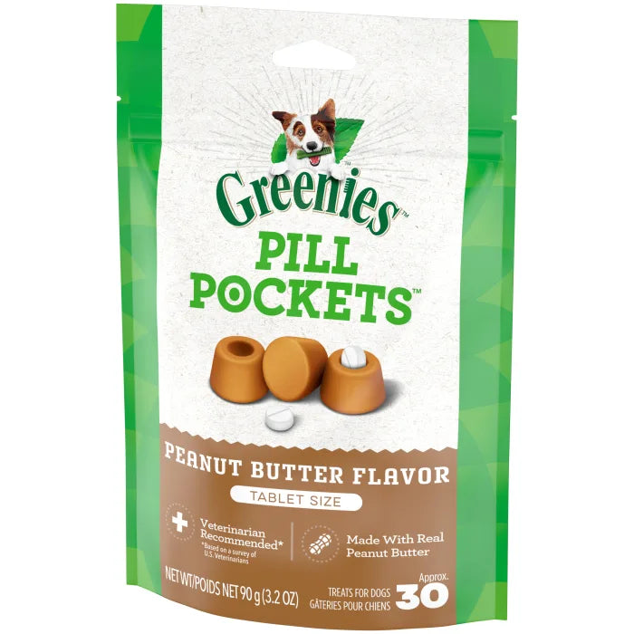 [Greenies][GREENIES Peanut Butter Flavored Tablet Pill Pockets, 30 Count][Image Center Right (3/4 Angle)]