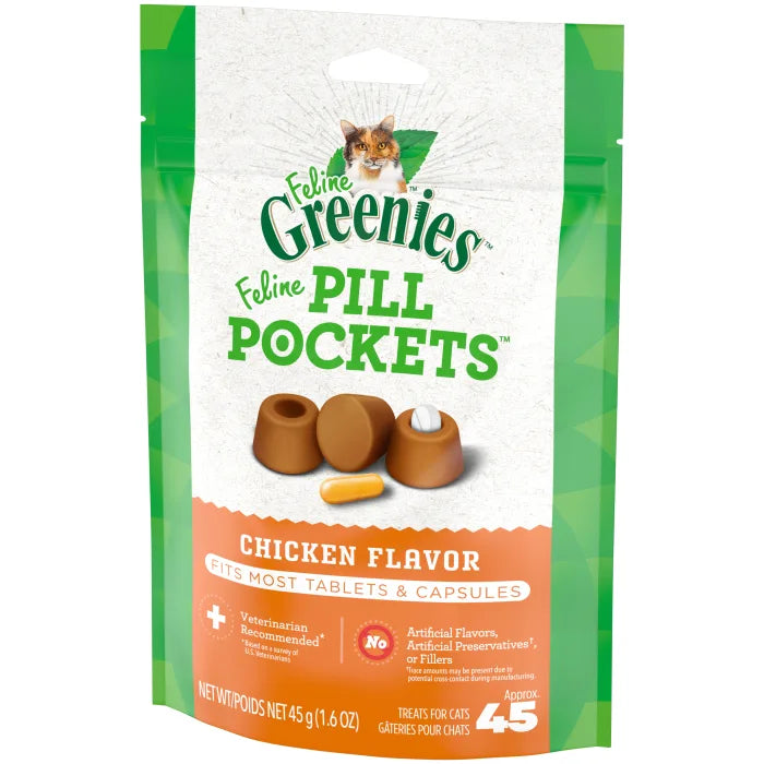 [Greenies][FELINE GREENIES Chicken Flavored Pill Pockets, 45 Count][Image Center Right (3/4 Angle)]