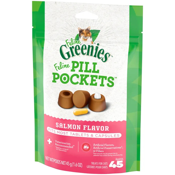 [Greenies][FELINE GREENIES Salmon Flavored Pill Pockets, 45 Count][Image Center Right (3/4 Angle)]