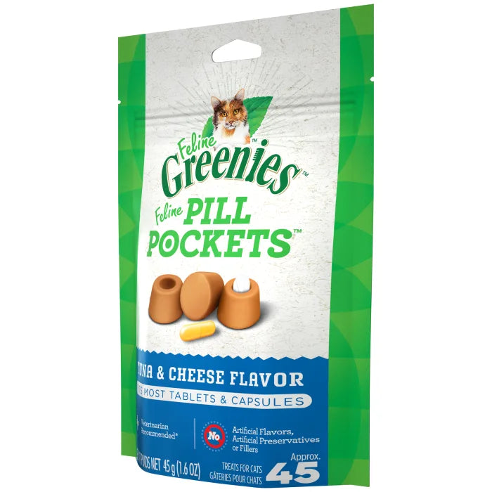 [Greenies][FELINE GREENIES Tuna & Cheese Flavored Pill Pockets, 45 Count][Image Center Right (3/4 Angle)]
