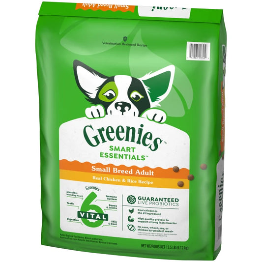 [Greenies][Greenies Smart Essentials Small Breed Adult Protein Dry Dog Food Real Chicken & Rice, 13.5 lb. Bag][Image Center Right (3/4 Angle)]