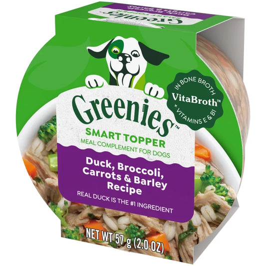 [Greenies][Greenies Smart Topper Wet Mix-In for Dogs, Duck, Broccoli, Carrots & Barley Recipe, 2 oz. Tray][Image Center Right (3/4 Angle)]
