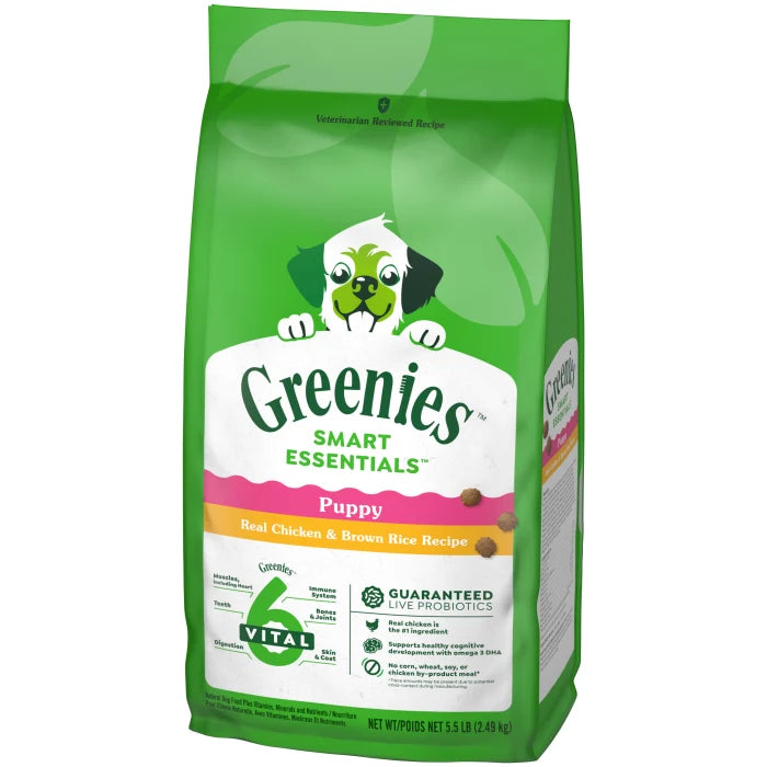 [Greenies][Greenies Smart Essentials Puppy High Protein Dry Dog Food Real Chicken & Brown Rice, 5.5 lb. Bag][Image Center Right (3/4 Angle)]